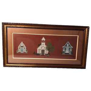 Vintage Framed Matted Cross Stitched Embroidered Folk Art Cabin/Church/LakeCabin